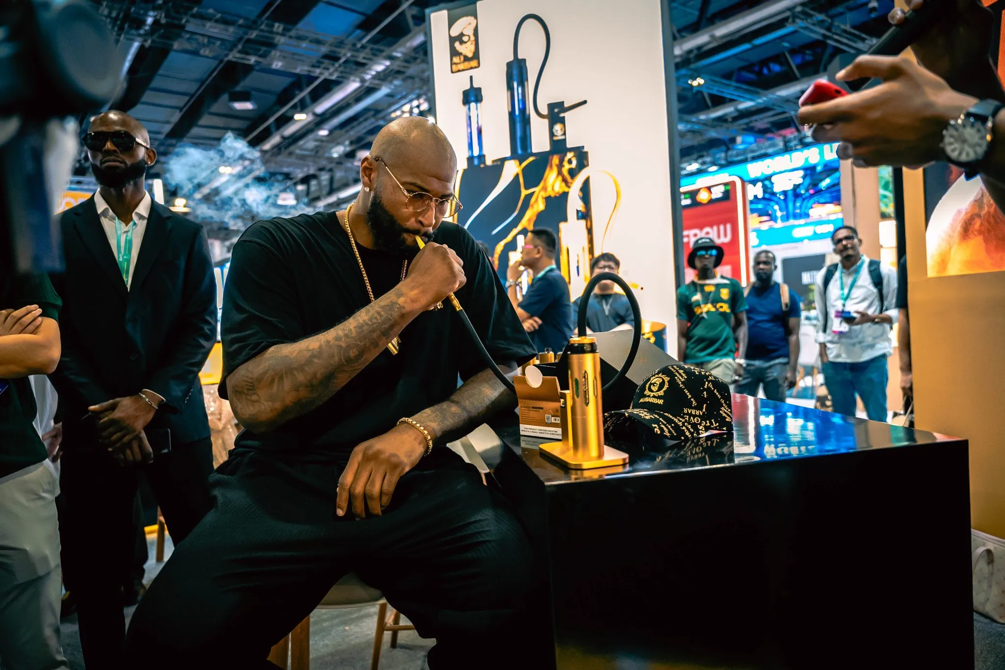 NBA and UFC stars visiting the Alibarbar booth at World Vape Show Dubai 2025